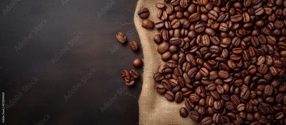 Poster On a white table background, there is a top-down view of roasted coffee beans next to a sack, with room for additional content in the image.