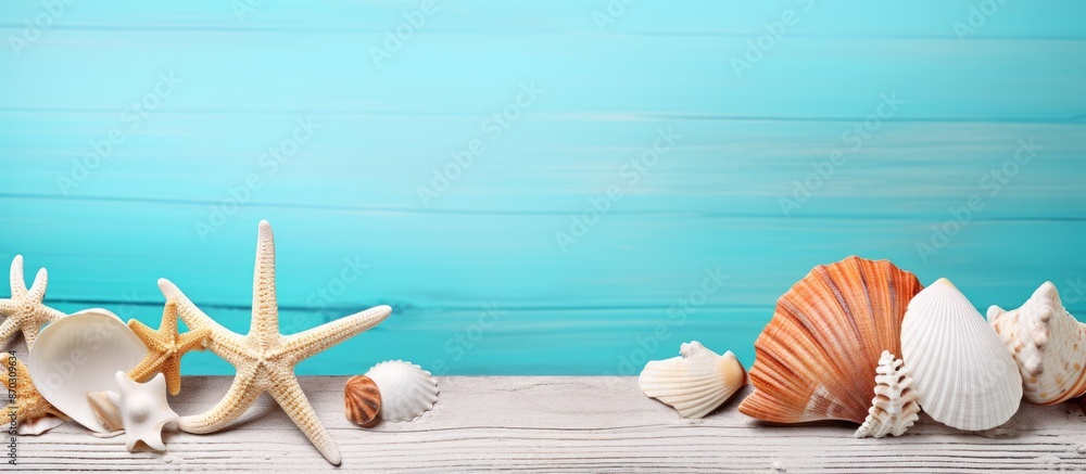 Poster summer vacation theme with starfish and seashells on a turquoise wooden table set against a sandy ba