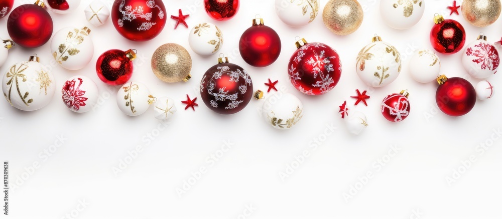 Poster A holiday-themed border with festive Christmas ornaments set against a white backdrop, ideal for adding text or images. with copy space image. Place for adding text or design