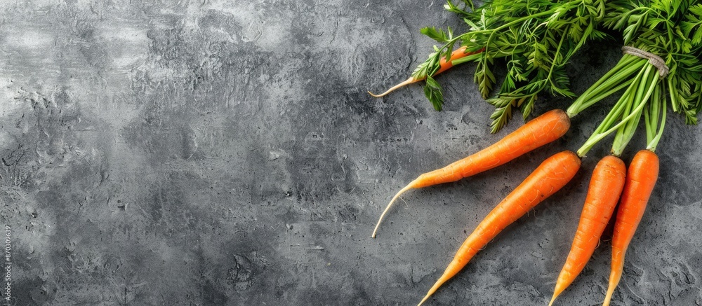 Poster top view of fresh carrots on a gray stone backdrop, with room for you to add text to the copy space 