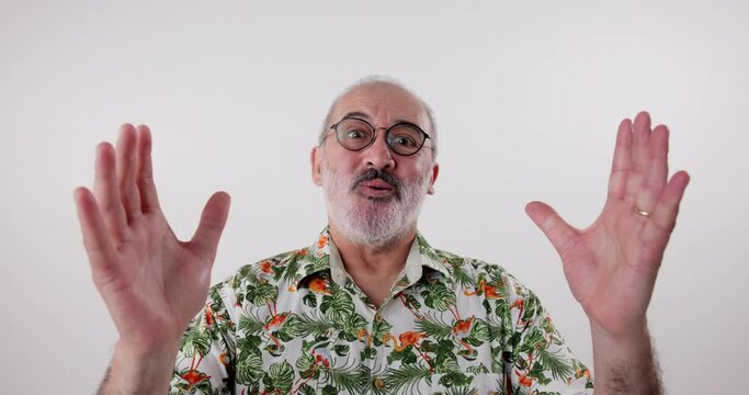 Surprise, shock face and portrait of senior man on white background with emoji, comic and facial expression. Wow mockup, omg and isolated guy in studio with shocking information, news or announcement