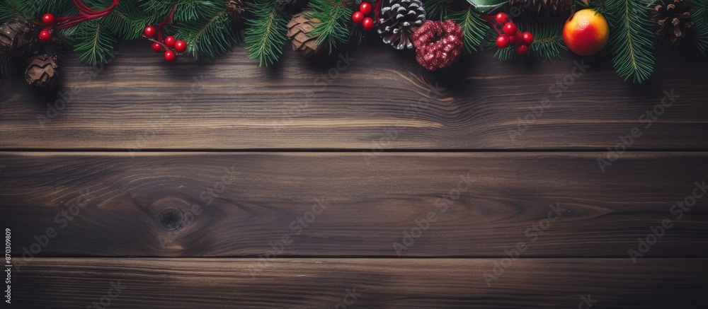 Aufkleber top view of a festive dark wooden background adorned with christmas and new year decorations includi