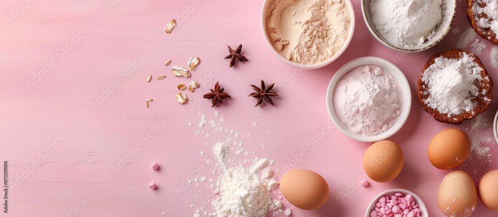 Poster pastel pink background adorned with baking ingredients, ideal for home baking, featuring a designate