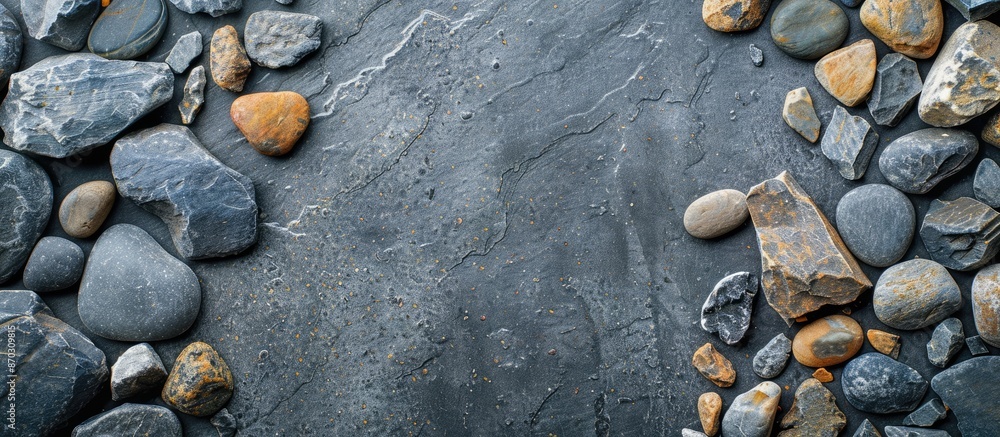 Poster gray floor surface with stones. with copy space image. Place for adding text or design