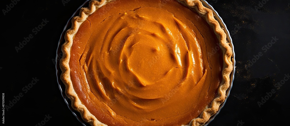 Poster top view of a homemade pumpkin pie or tart on a black background with ample copy space image, perfec