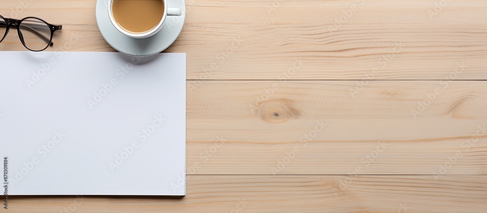 Poster Wooden desk in an office setting featuring a blank notepad, pen, and coffee cup on it. Top-down flat lay view with available space for adding an image. with copy space image