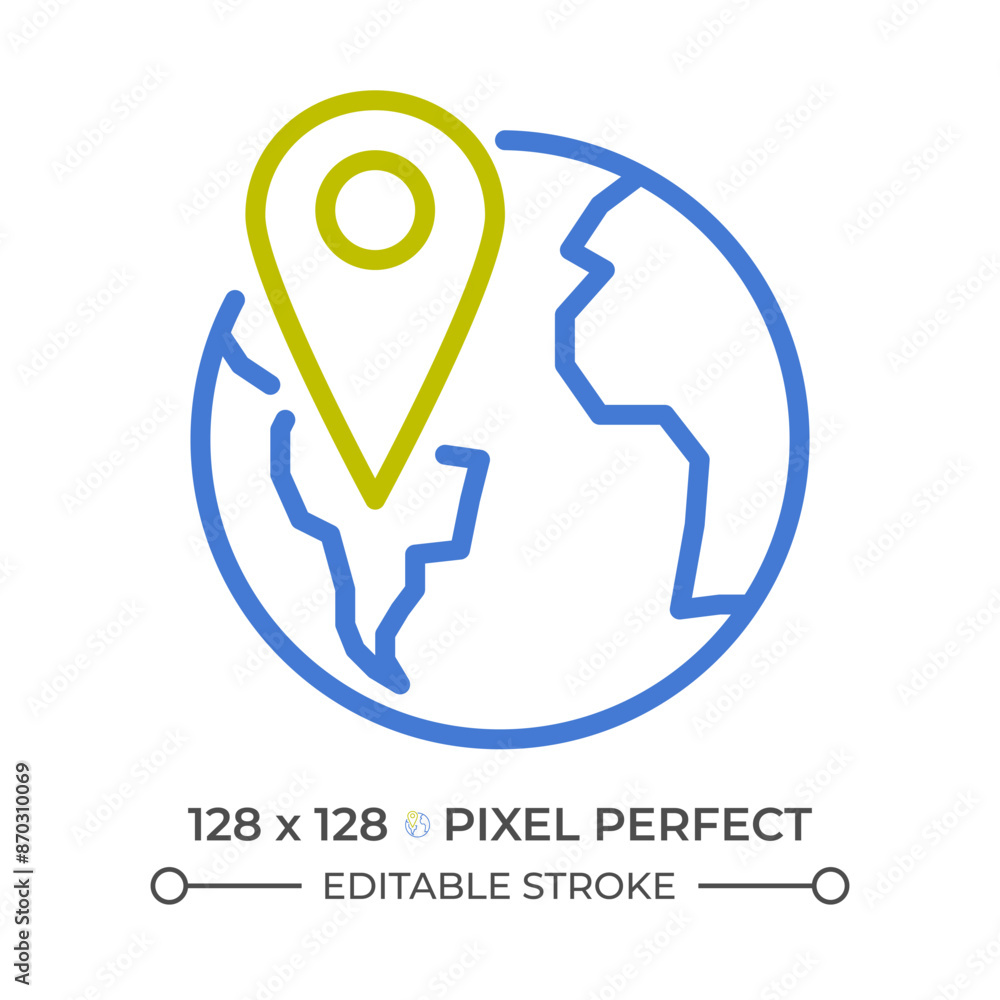 Poster globe with pin two color line icon. geolocation. point on map. word navigation. earth with destinati