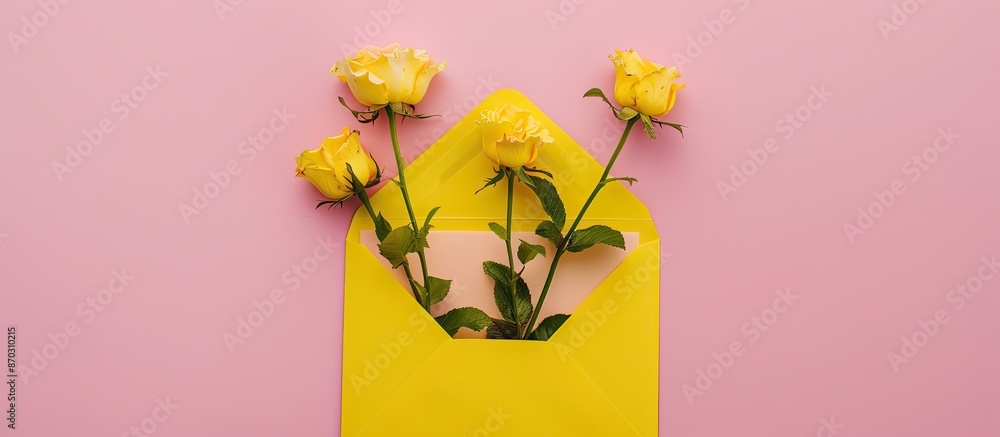 Poster mockup of an invitation or greeting card featuring a yellow envelope, a blank card adorned with smal