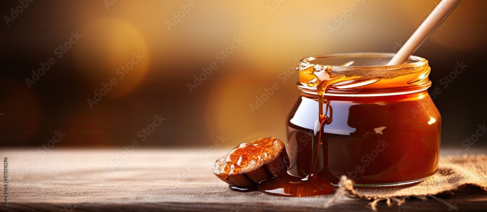 Poster closeup of a delicious jar of caramel sauce on a rustic board with copy space image.