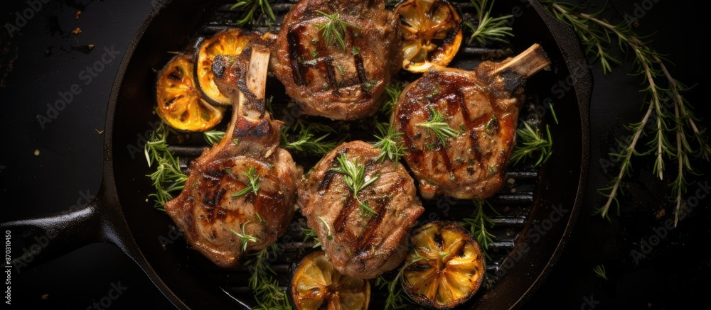 Poster top-down view of barbecued lamb and mutton chops sizzling in a pan with a dark background, perfect f
