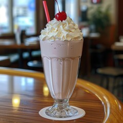 Classic milkshake with whipped cream and a cherry on top