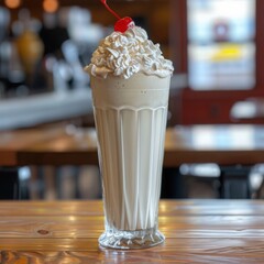 Classic milkshake with whipped cream and a cherry on top