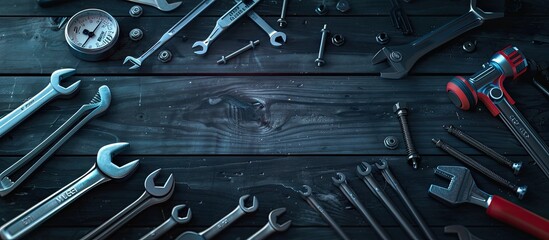 Fototapeta premium Aerial perspective of various hand tools like a wrench, screwdriver, pliers, hammer, and more, along with a digital multimeter, scattered fasteners, and a blank sheet on a black wooden table with