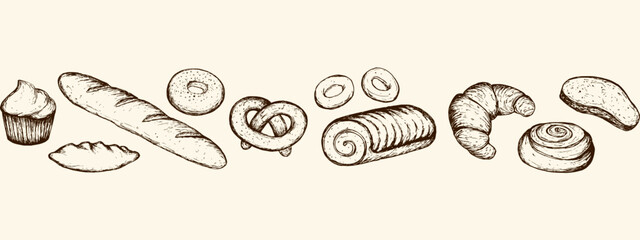 Bakery products, horizontal border design. Desserts and breads collection. Vector sketch illustrations isolated on beige background.