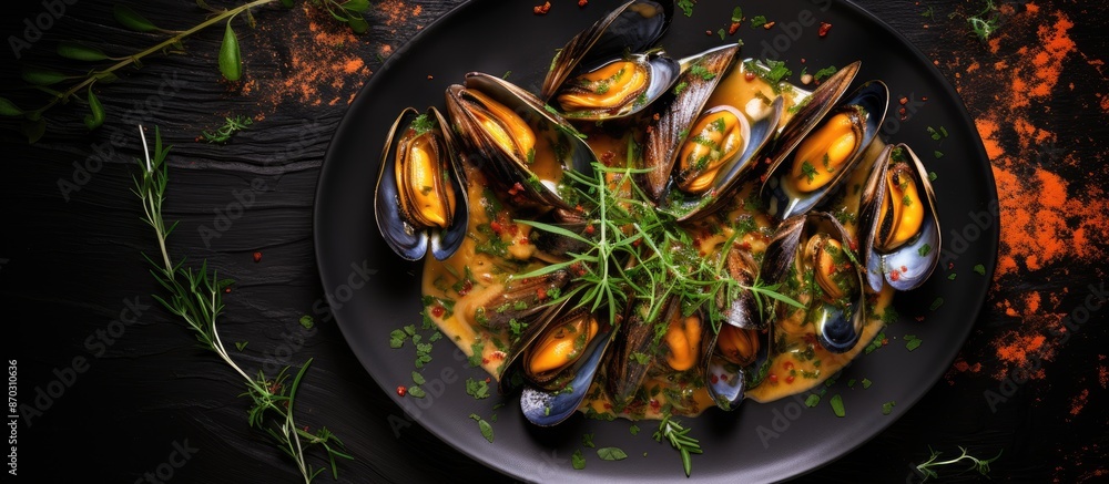 Poster plate of seafood mussels in wine sauce and thyme on dark background, viewed from the top, with room 
