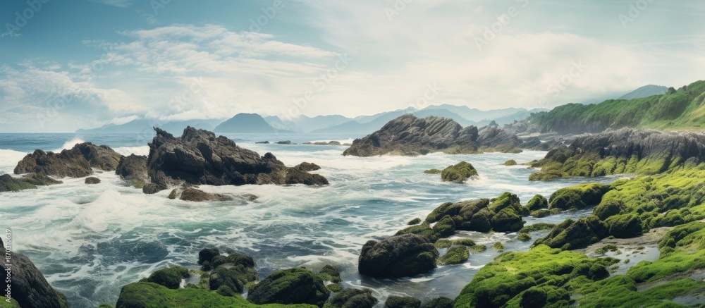 Poster scenic ocean view with waves hitting mossy rocks, displaying the serene beauty with ample copy space