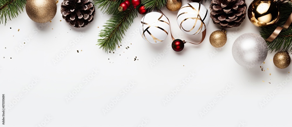 Poster a christmas-themed arrangement featuring ornaments like balls and cones, along with a gift box and f