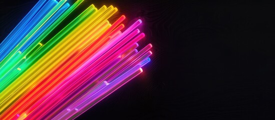 A colorful rainbow made of neon glow sticks on a black background with space for text or other content, symbolizing LGBT pride, equality, love, light, and vivid colors. with copy space image