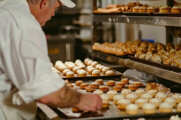 Senior Baker Piping Eclairs, demonstrating professional pastry techniques, Generative AI
