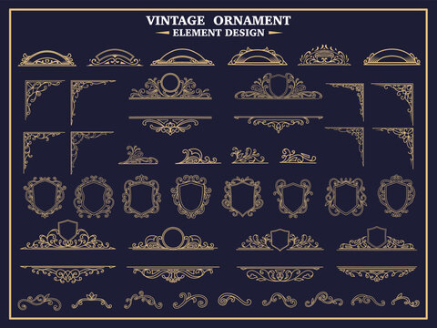 Set of elegant classic ornament for labels, badge, card design. Golden vintage baroque decorative elements frames, ribbons, borders, dividers, filigree, arabesque, calligraphy, flourish ornament.