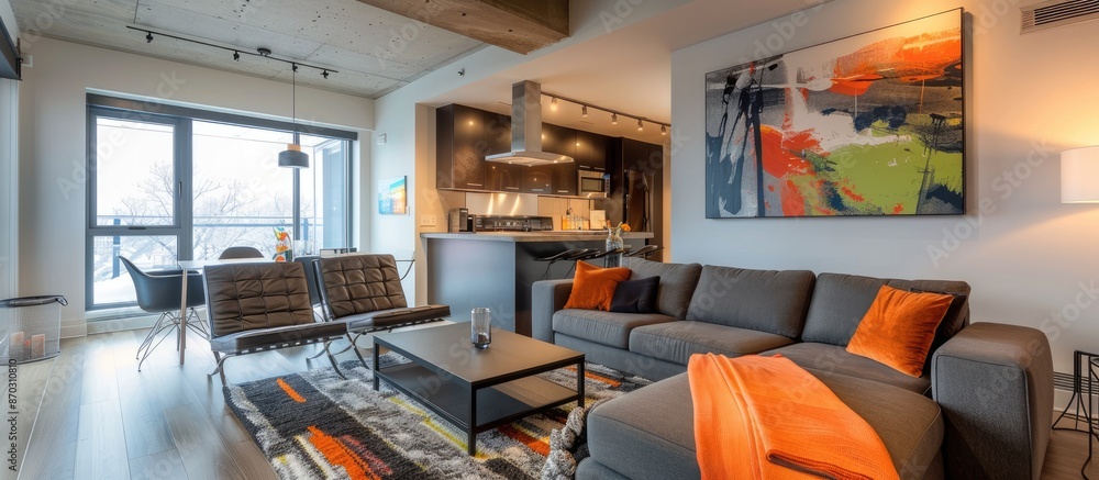 Poster Modern luxury newly built staged furnished apartment in a condominium building in the heart of Montreal on Canal Lachine. with copy space image. Place for adding text or design