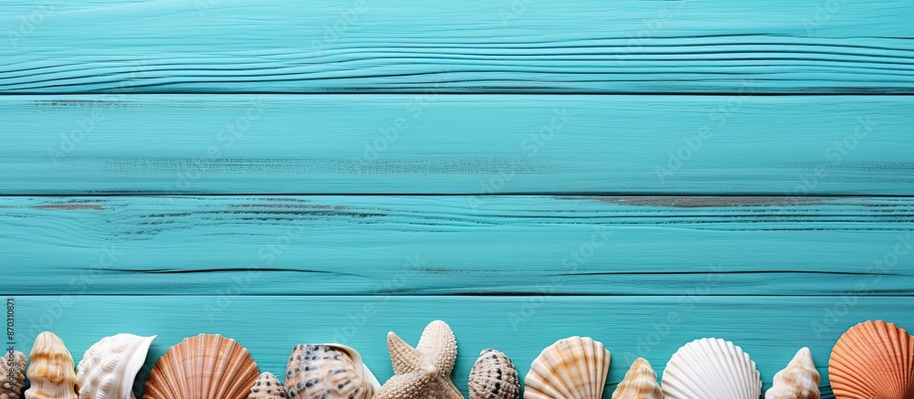 Poster seashells displayed on a backdrop of turquoise wood, with copy space image.