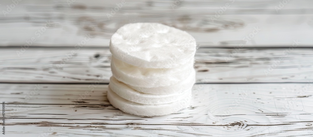 Poster A stack of cotton pads placed on a white wooden surface, providing copy space for adding text to the image.