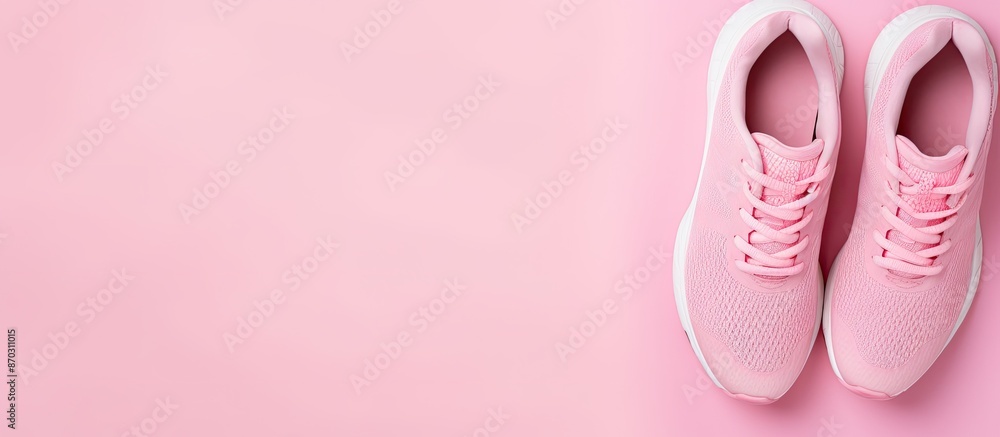 Poster top view of fitness gear like sports shoes on a pink backdrop with room for text or images, perfect 