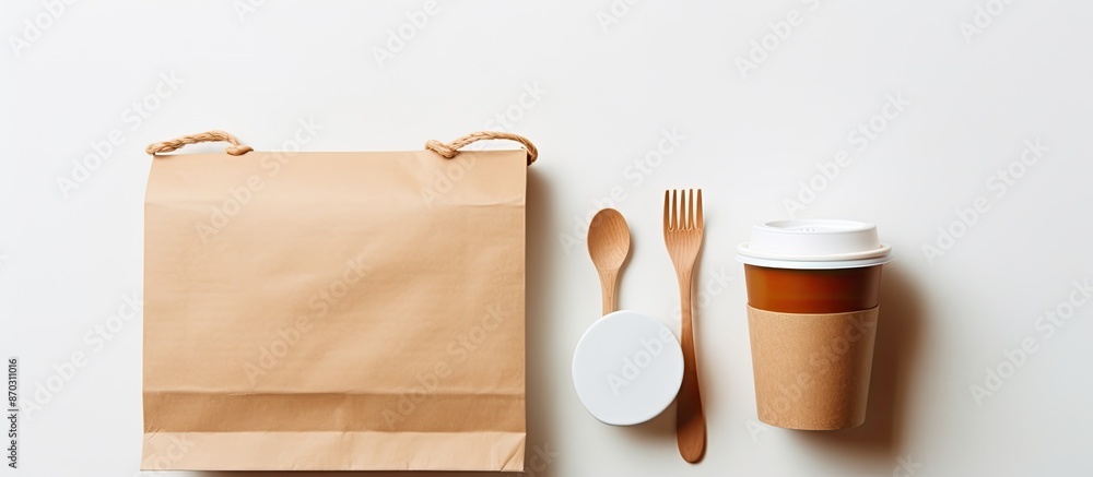 Poster Table setting with disposable items like a paper cup, spoon, and fork placed beside a brown paper bag, label, and notebook on a white background with a pattern for inclusions of a copy space image.