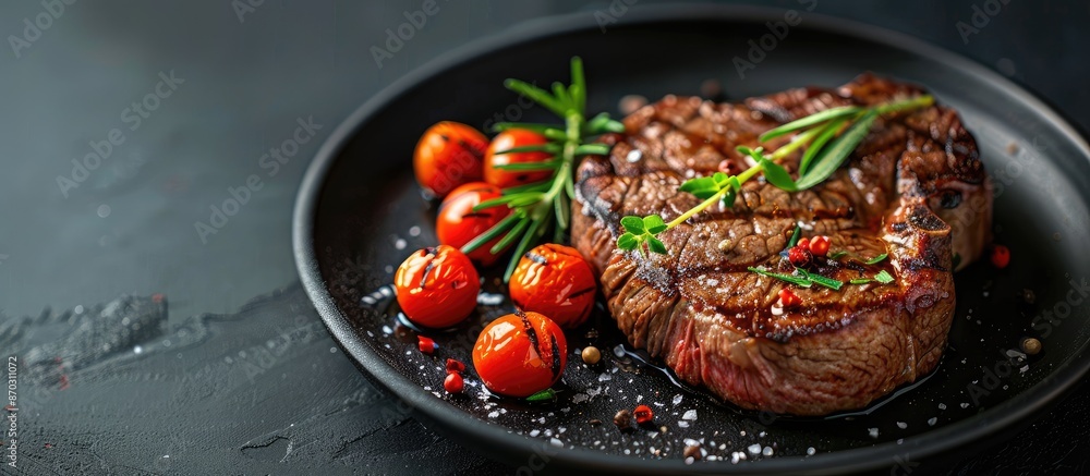 Leinwandbilder beef steak with vegetables displayed on a black plate against a dark backdrop, creating a striking c