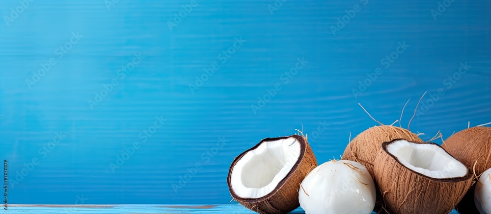 Aufkleber summer-themed image with fresh coconuts on a blue desk with a flat copy space photo.
