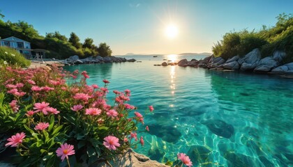 Obraz premium Tranquil Cove with Pink Flowers and Sunbeams.
