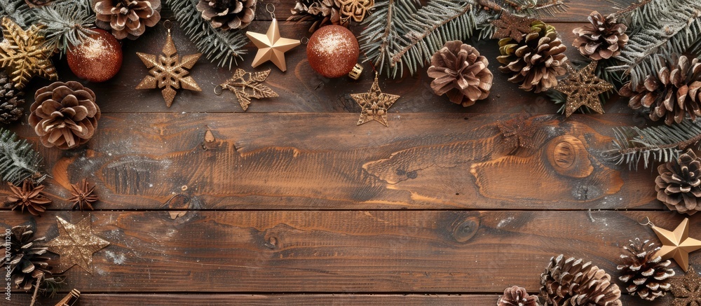 Poster christmas and new year decorations displayed on a wooden background with copy space image.