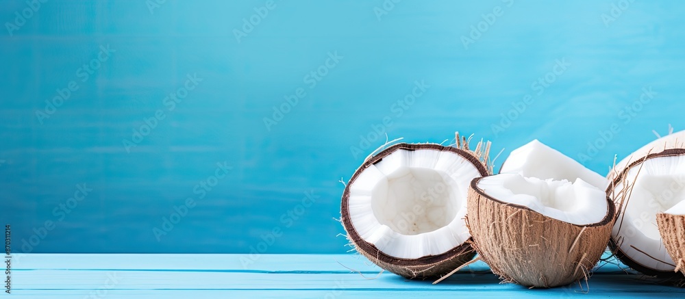 Aufkleber summer-themed image with fresh coconuts on a blue desk with a flat copy space photo.