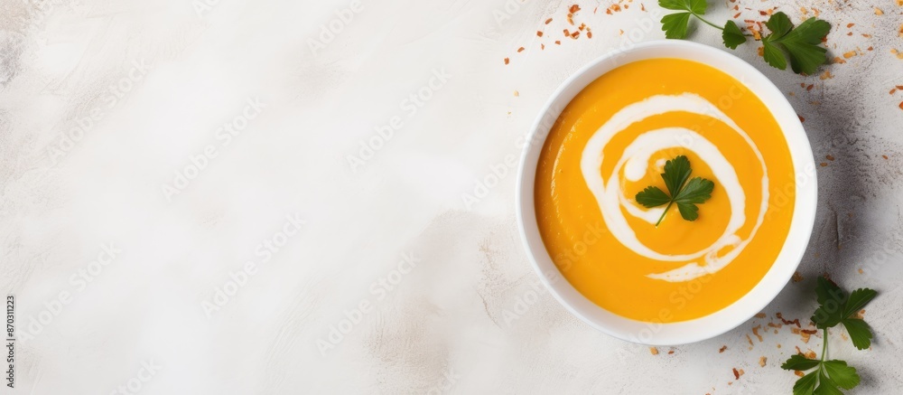 Poster creamy pumpkin soup with a silky texture, showcased on a marble background with ample copy space in 