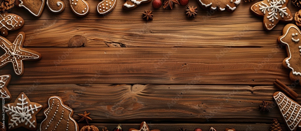 Aufkleber rustic wooden background with assorted christmas gingerbread cookies forming a frame in a top view p