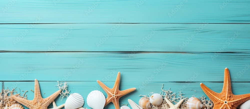 Poster summer vacation theme with starfish and seashells on a turquoise wooden table set against a sandy ba