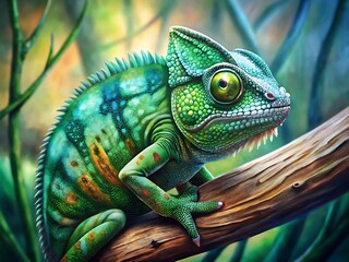 Obraz premium Vibrant green chameleon perches on a worn wooden branch, its scaly skin blending with the surrounding foliage, showcasing its impressive camouflage abilities.