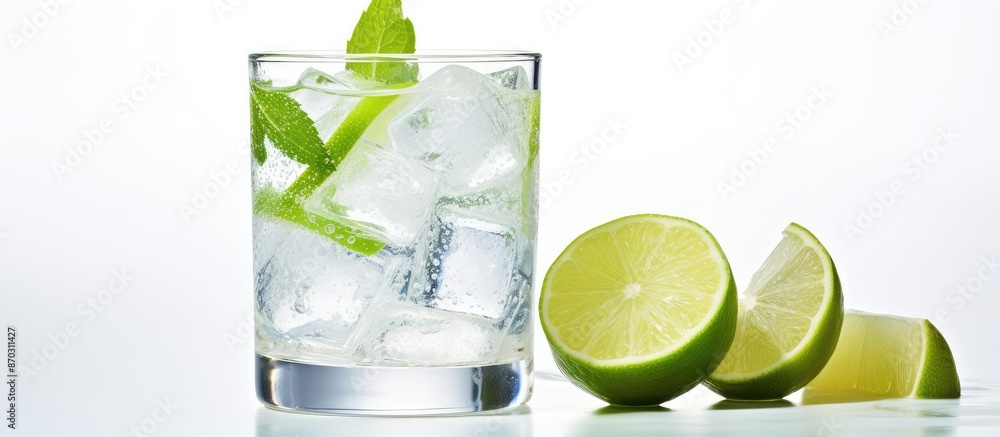 Leinwandbilder a photograph showing a gin and tonic drink with ice and lime, placed elegantly on a white surface, p