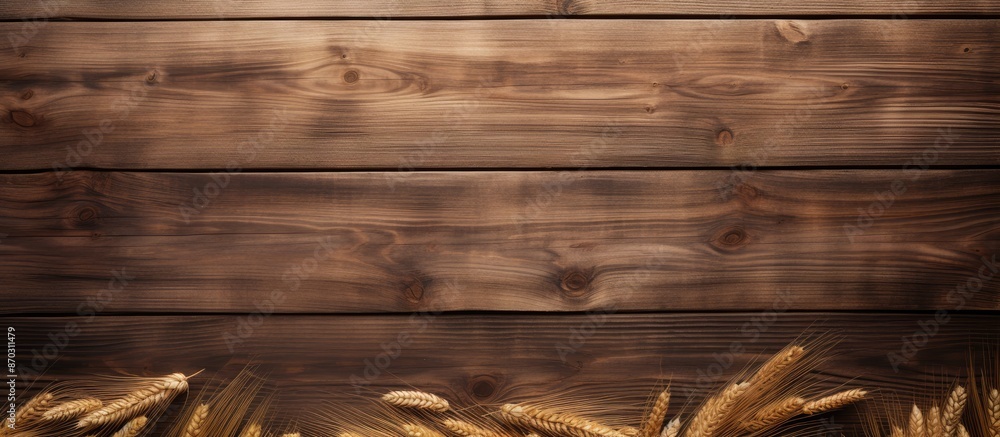 Poster man cave frame with wooden brown background featuring beer bottle and wheat elements, including copy