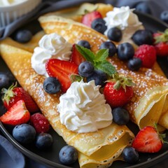 Crepes filled with fresh fruit and topped with whipped cream.