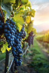 Fototapeta premium A close-up shot of a cluster of red grapes hanging from a vine in a vineyard at sunset