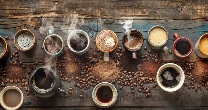 Design a captivating copy space background for International Coffee Day, showcasing steaming coffee cups and coffee beans arranged artistically on a rustic wooden table