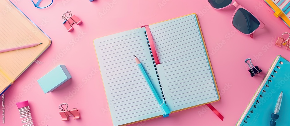 Aufkleber opened notebook and office supplies on a pink background with a copy space image.