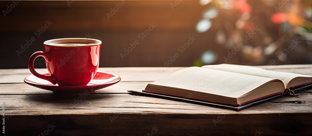 Fototapete a cup of coffee placed on a wooden table next to a red book, creating a cozy setup with a rustic cha