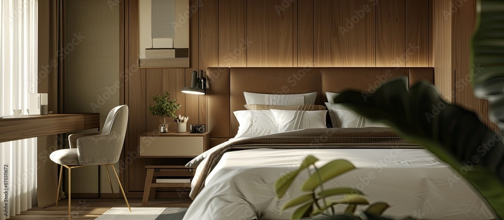Poster bedroom interior and brown desk . with copy space image. place for adding text or design