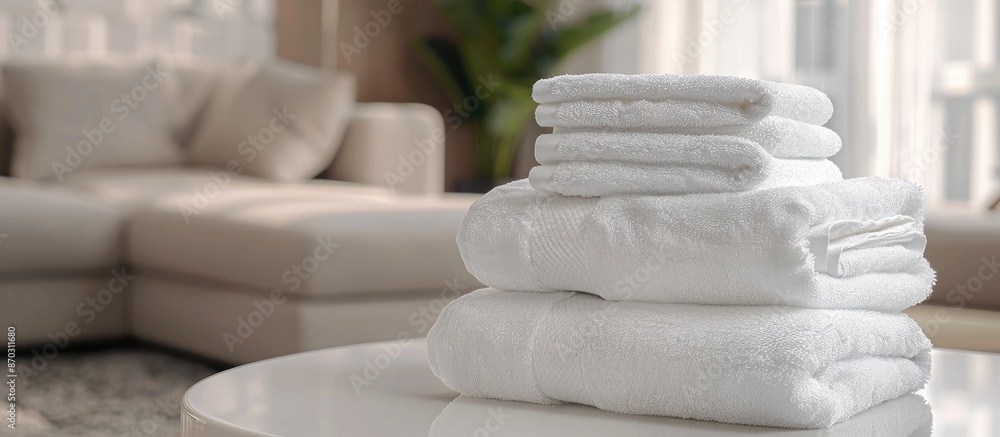 Poster Neatly arranged white towels on a white table against a blurred living room backdrop, ideal for displaying products with copy space image.