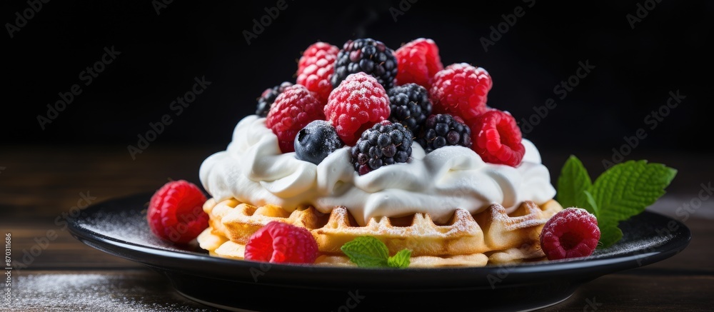 Poster Delicious waffles topped with fresh berries and cream, ideal for any breakfast or brunch menu, creating an appetizing copy space image.