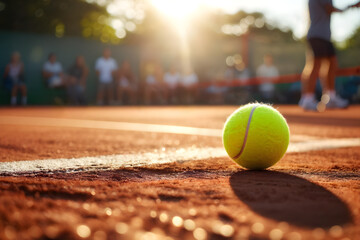 Evening match vibes, close-up of used tennis ball on a sunlit court