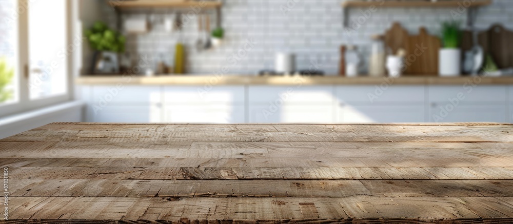 Poster blurred background of white kitchen place and worn old board place . with copy space image. Place for adding text or design